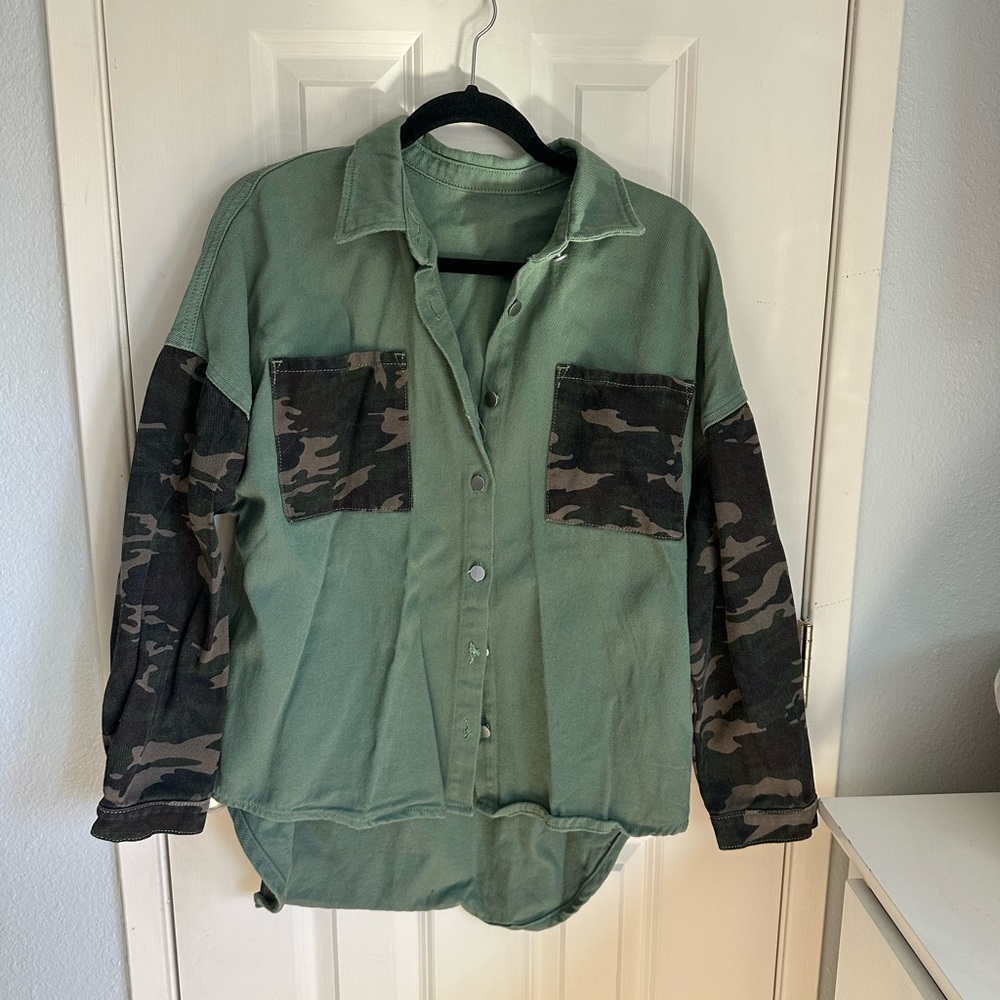 Green Oversized Button-Up with Camouflage Accents